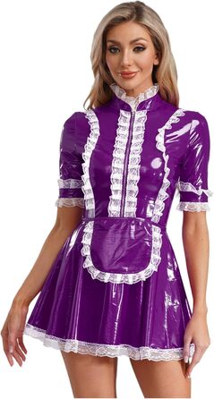 Костюм покоївки Freebily для жінок з лакованої шкіри, фіолетовий (4XL), комплект з фартухом