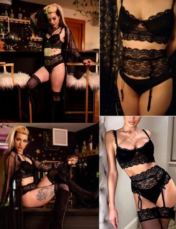 ЕVELIFE Комплект нижньої білизни для жінок: бюстгальтер та труси (3 шт.) - мереживний комплект, висока талія, стрінги, чорний, розмір 46