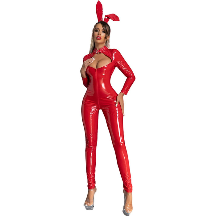 Сексуальний костюм-комбінезон з латексу/шкіри для жінок, відкритий крок, червоний (M)