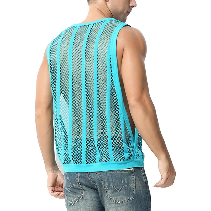 Чоловіча майка з сіткою та смугами, прозора сітка, без рукавів, з вирізами, прозора білизна, зелена M