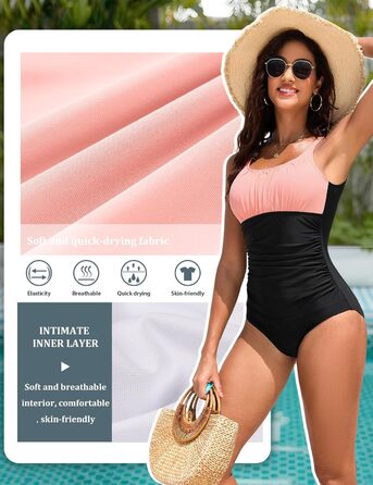 Одноцільний купальник Vancavoo з пуш-ап, корегуючий, з відкритим спиною, рюшами та V-подібним вирізом (M, Рожевий + Чорний)