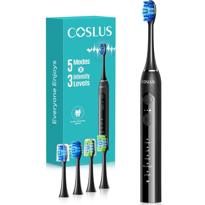 Професійна електрична сонічна зубна щітка COSLUS C30, 5 режимів та 3 рівні інтенсивності, водонепроникна IPX7, акумулятор на 30 днів, для дому та подорожей, 2 типи насадок, колір блакитно-чорний