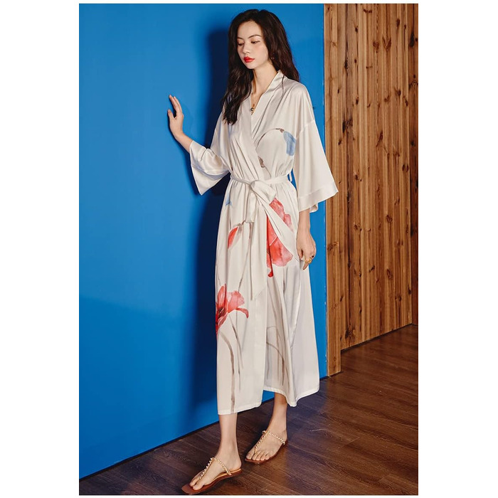 Халат жіночий атласний максі довгий, шовковий кімоно, сукня з квітковим принтом, легкий халат, літня роба, піжама для дівчат, вечірній халат, універсальний розмір, білий