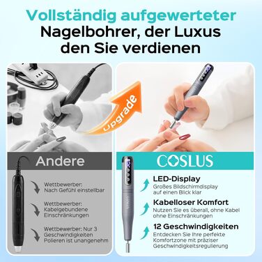 Акумуляторний електричний апарат для манікюру та педикюру COSLUS C50, 12 швидкостей, LED-дисплей, для нарощених нігтів, гель-лаку та акрилу, темно-сірий
