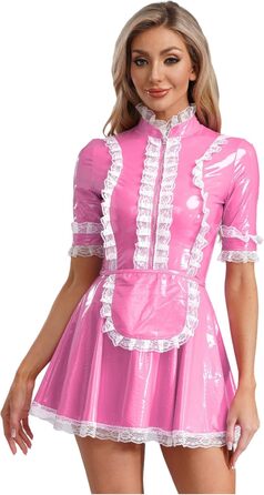 Костюм горничної MSemis: сексуальний набір нижньої білизни з ефектом вологого блиску, готичний стиль, французький дизайн, рожевий колір (L)