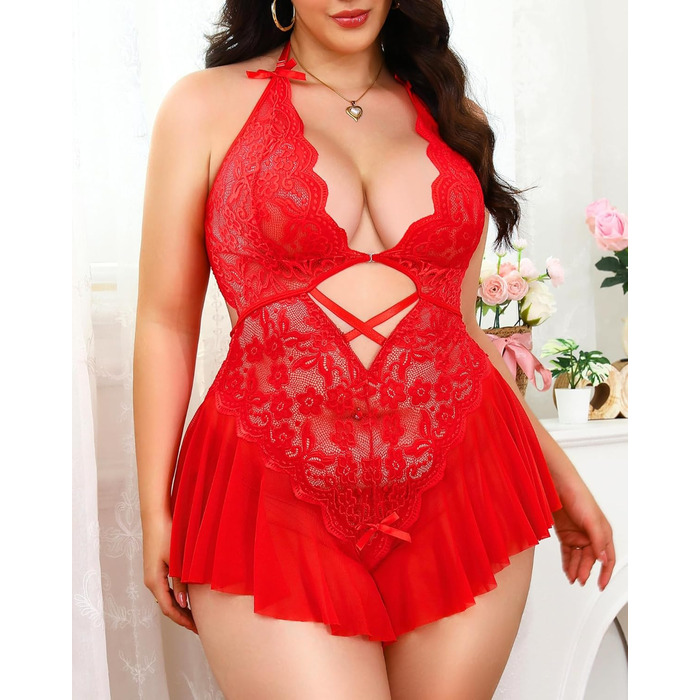 Жіночий мереживний боді Babydoll, сексуальна спідня білизна з глибоким V-подібним вирізом, прозора мережка, регульовані бретелі, червоний колір