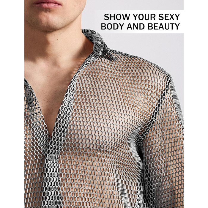 Чоловіча сітка-сорочка AIEOE: прозора сорочка з сітки, ідеальна для вечірок та свят, сірого кольору (S)