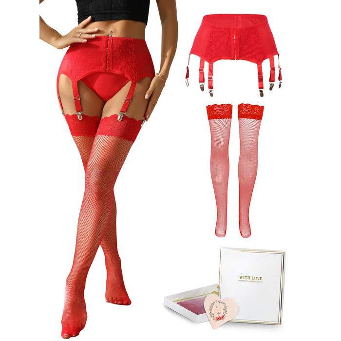 Гарний жіночий пояс-стріптіз з широкою стрічкою, мереживом та 6 регульованими кліпсами. Комплект спідньої білизни для пишних жінок. Пояс-стріптіз з високою талією, хосенятники. Розміри 3XL-4XL, 2 шт. (червоний), панчохи та коробка.