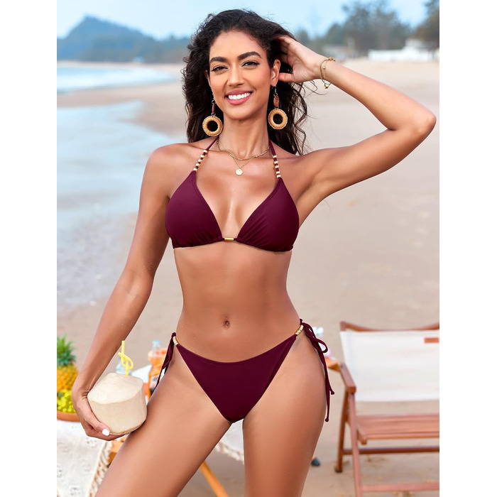 Бікіні жіноче Triangel з золотими перлами, топик халтер з пом'якшувачами та стринги, трусики на зав'язках, фуксія, M