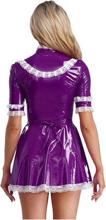 Костюм покоївки Agoky з лакованої шкіри, міні-сукня з мереживним фартухом та мереживною спідницею, еротична білизна, клубний одяг (M, фіолетовий)