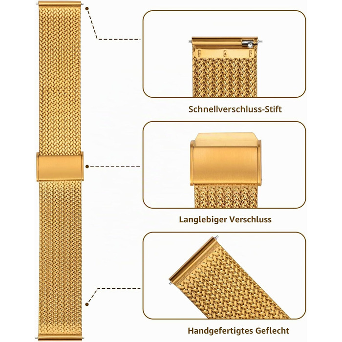 Металевий ремінець для годинника T-Strap Mesh (Міланська плетінка) зі сталі, швидкознімний замок, золотий, 16мм