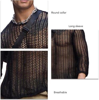Чоловіча прозора сорочка з довгим рукавом, сітчаста майка, прозоре Т-подібне топа, сексуальна сітка, клубний одяг, еротична білизна, модна блуза, повсякденне вбрання, світшот (XXL-Чорний)
