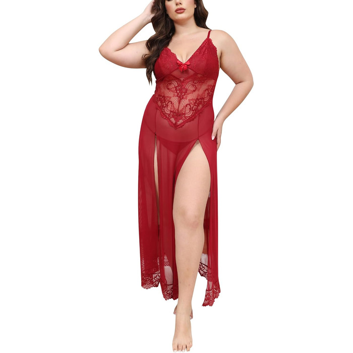 Ідеальна нічна сорочка IBAKOM Dessous з мереживом, V-подібний виріз, нічна сорочка-бабідол з розрізом, великі розміри (червоний, XXL)