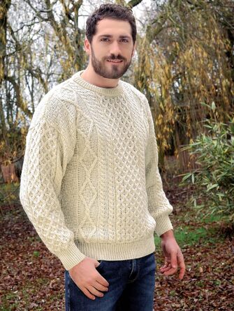Свитер Aran Craft Iricher з круглим вирізом, 100% чиста шерсть, чорний (XXL, Ecru)