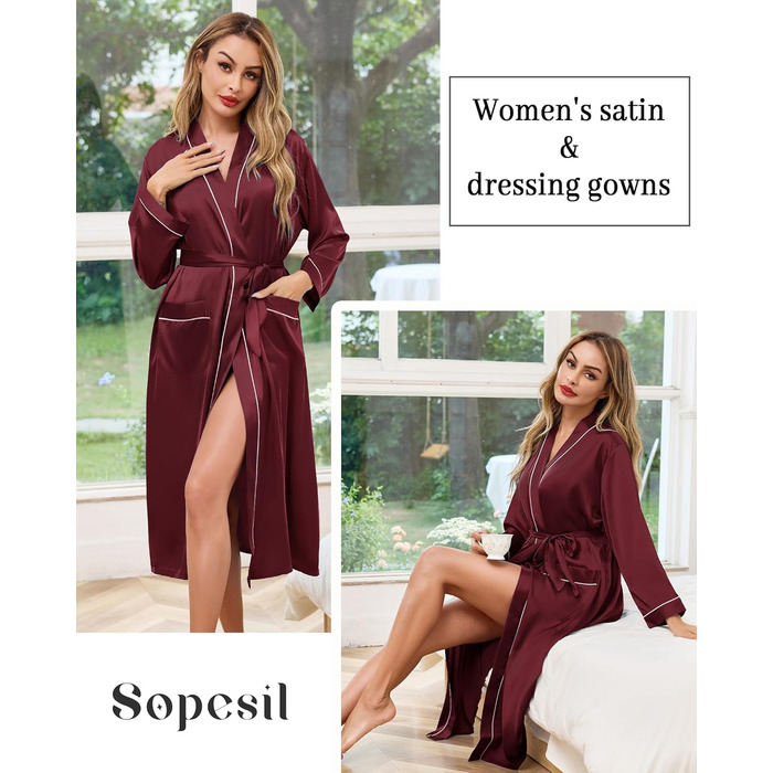 Жіночий атласний халат довгий, баня халат, кімоно, легкий, весільний, м'який, для вечірки, нічна сорочка, V-подібний виріз, S-X (XL, пурпурно-червоний)
