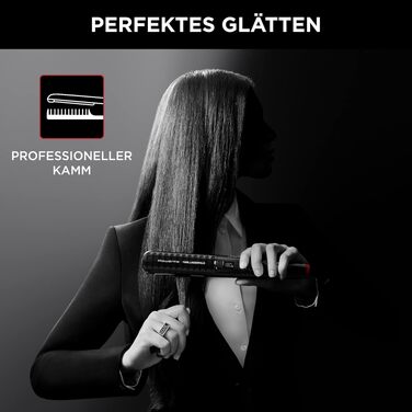 Випрямляч для волосся Rowenta x Karl Lagerfeld SF467L K/Pro Stylist з кератиновим покриттям Glow, іонною функцією та вбудованим гребенем, 140-210°C, чорно-червоний