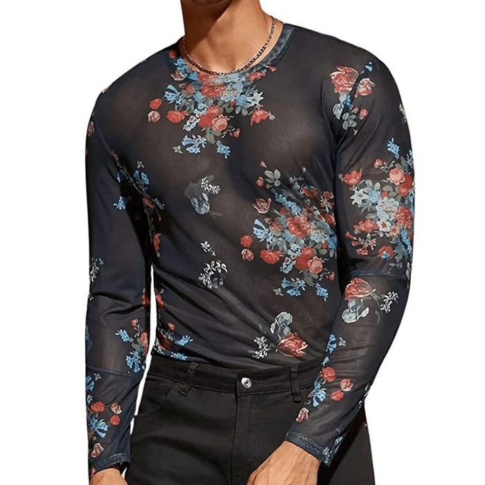 Чоловіча сітчаста футболка AIEOE з блискітками та глітером, прозора, мереживна, для клубного одягу, довга/коротка, з квітковим малюнком, з довгим рукавом