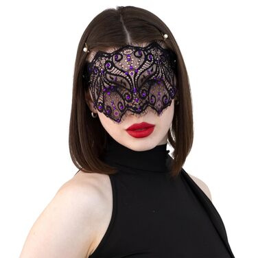 Чорна мереживна маска для жінок з кристалами – елегантна венеціанська маска для маскараду, готичної вечірки, косплею, карнавалу та особливих подій – ручної роботи (чорна з фіолетовими стразами)