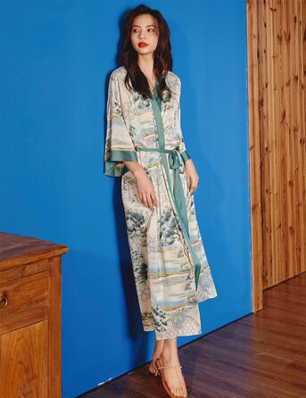 Жіночий халат з довгим рукавом з шовку, сатин, кімоно, квітковий принт, універсальний розмір