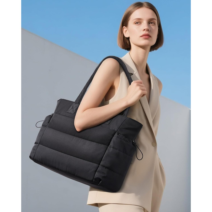Жіноча сумка-шопер LOVEVOOK велика м'яка сумка (Puffer Bag) для роботи та ноутбука 15.6 дюймів, чорна (комплект 2 шт)