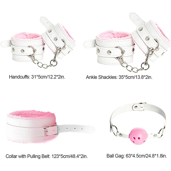 Набір для БДСМ зв'язування: пов'язка на очі, бандаж, наручники, анальний плаг, клямки для сосків, бавовняне трос, петарди, для пар (рожевий та білий)