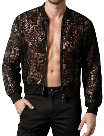 Чоловіча мереживна куртка AIEOE з довгим рукавом, сітчаста сорочка, топ для вечірок, клубної моди, прозора блейзер, сітчаста сорочка для нічного клубу, карнавалу, чорного кольору