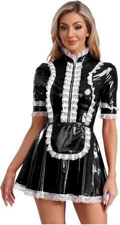 Костюм покоївки Agoky для жінок: лаковане шкіряне міні-плаття з мереживним фартухом, еротична білизна, клубний одяг, чорний, XXL