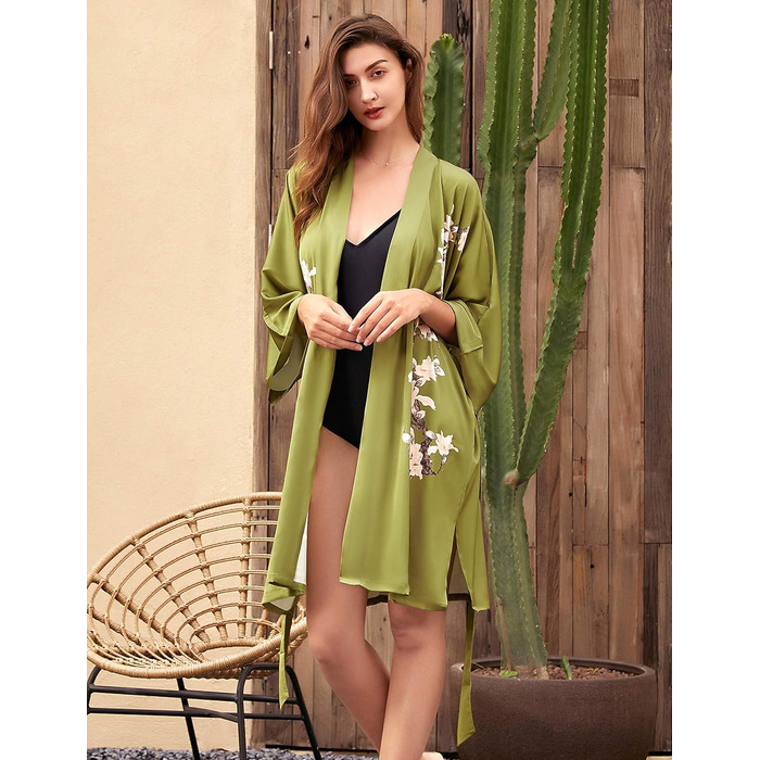 Халат жіночий літній з квітковим принтом Babeyond, сатиновий, короткий, пляжний, універсальний розмір, зелений