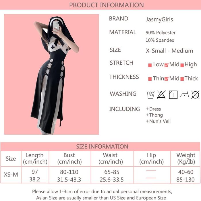 Костюм для косплею JasmyGirls: Костюм черниці, дівочий наряд, костюм ангела, чорне плаття, X-S - M