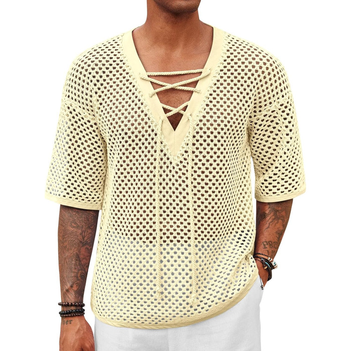 Чоловіча пляжна сорочка Runcati з шнурівкою, V-подібний виріз, в'язана, мереживна, прозора, літня (Бежевий, M)