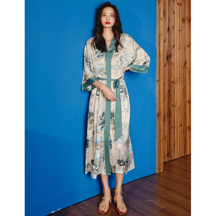 Жіночий халат з довгим рукавом з шовку, сатин, кімоно, квітковий принт, універсальний розмір