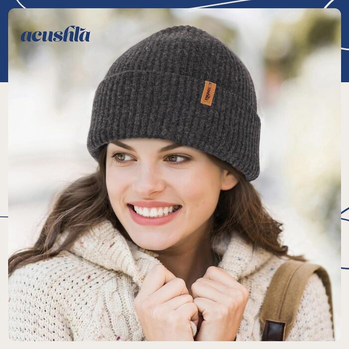 Зимова шапка ACUSHLA oversize з 100% мериносової вовни, унісекс (M-L, чорно-сіра)