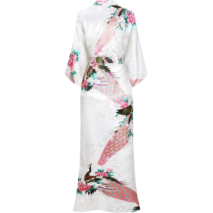 Халат жіночий довгий шовковий атласний, Kimono з принтом павича, BABEYOND