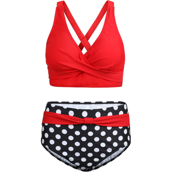 Жіночий двочастинний купальник Adigaber з V-подібним вирізом, квітковий принт, бікіні з животом, комплект L, червоні та чорні крапки