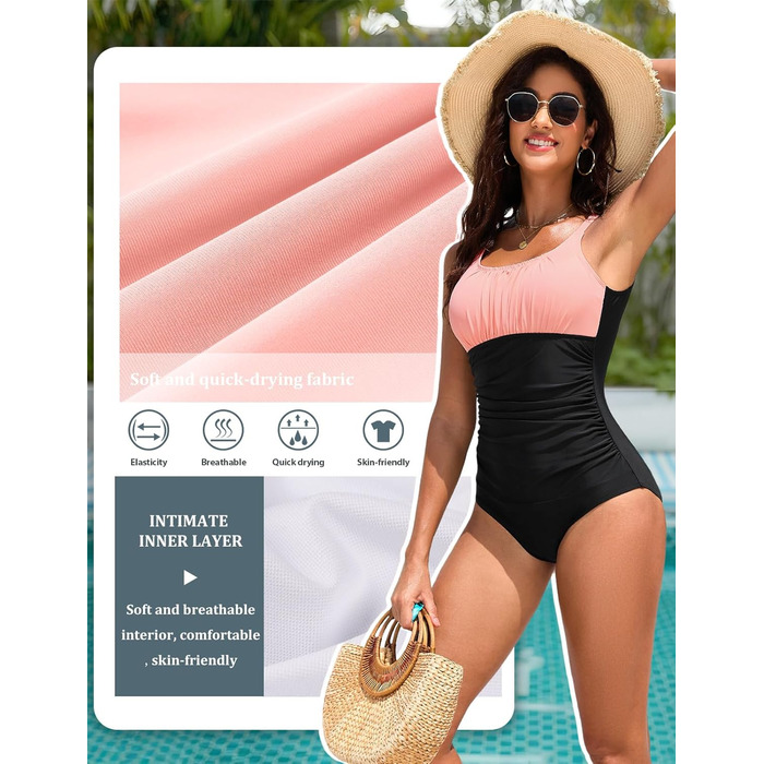 Одноцільний купальник Vancavoo з пуш-ап, корегуючий, з відкритим спиною, рюшами та V-подібним вирізом (M, Рожевий + Чорний)
