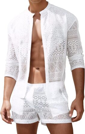 Panegy Комплект чоловічий: мереживчата шорти та сорочка з прозорої сітки, на ґудзиках, білий (S)