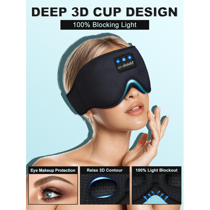 Маска для сну з Bluetooth-навушниками LC-dolida V5.4, 3D дихаюча бавовняна маска для очей з мікрофоном, миюча, для подорожей, йоги та медитації, чорна