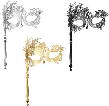 Набір з 3 венеціанських масок для жінок JewelryWe: металеві маски з стразами для карнавалу, Хелловіну, маскараду, з держателем