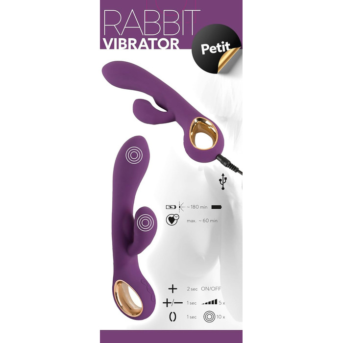 Вібратор You2Toys Rabbit Petit - інтенсивний вібратор G-точки з стимулятором клітора, 10 режимів, ергономічна форма, фіолетовий/золотий, 185г