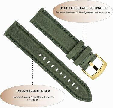 Шкіряний ремінець для годинника та смарт-годинника Vintage Elegant, швидкознімний, 20мм, темно-зелений (золотиста застібка)