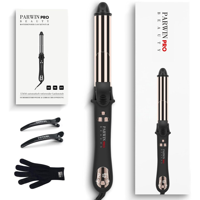 Автоматичний плойка-стайлер для волосся PARWIN PRO BEAUTY 32мм, ротаційний завивач з нано-титановим покриттям та LCD-дисплеєм, 120-210°C