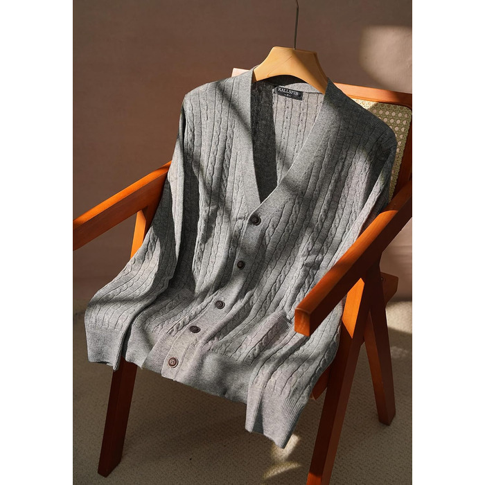 Чоловічий в'язаний кардиган Kallspin з вовняної суміші, модель з косами, на гудзиках з кишенями, сірий, розмір L