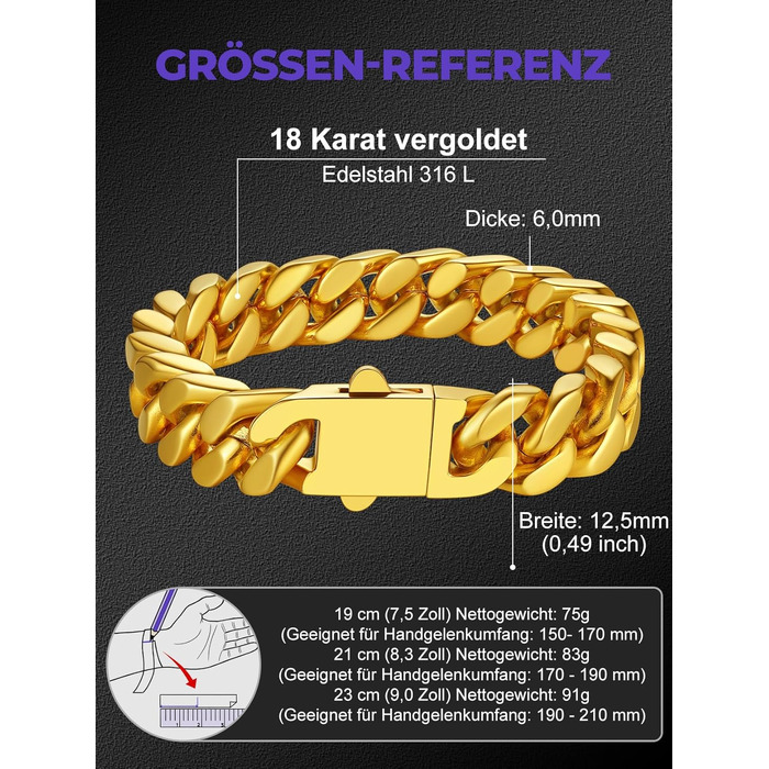 Чоловічий сталевий браслет Richsteel Cuban Link (кубинський ланцюг) з подарунковою коробкою, золотий, ширина 12мм, довжина 23см