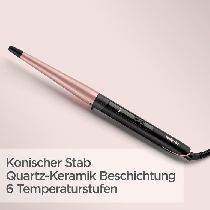 Конічний паяльник для волосся BaByliss Rose Quartz (13-25 мм) для натуральних локонів, керамічне покриття, 6 температурних режимів (160-210°C), C454E, рожево-чорний