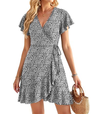 Сукня Soerkleid Daen V-подібний виріз, з запахом, висока талія, пляжна, легка, літня, чорно-біла в листя, розмір M