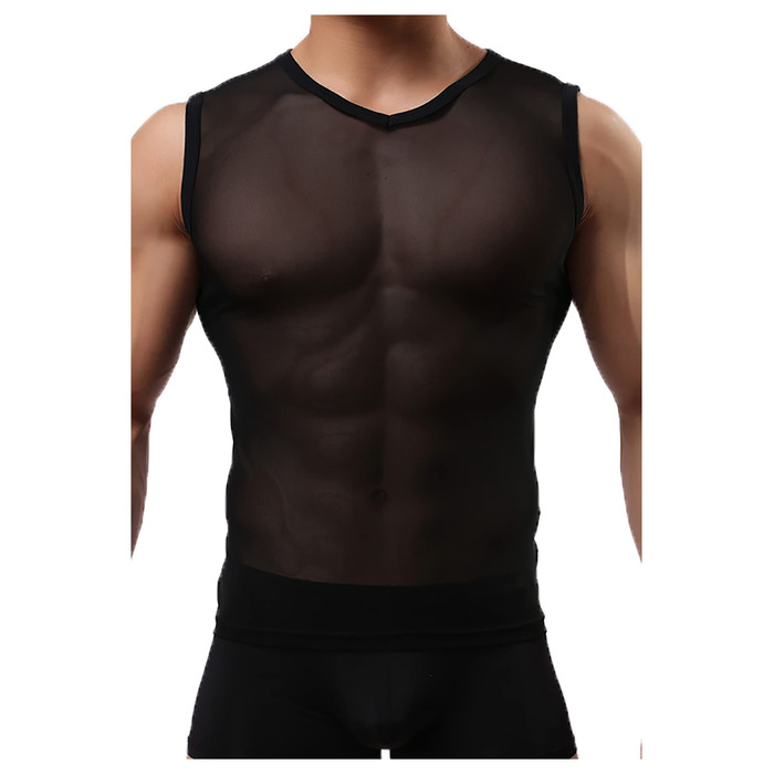 Чоловіча майка-топ з сіткою, прозора мускул-майка без рукавів, чорна, для клубу