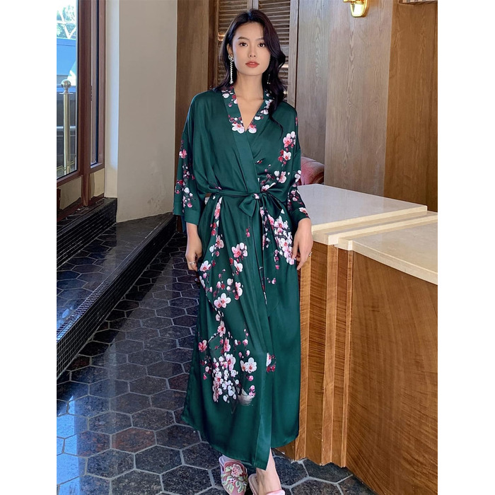 Жіночий халат з довгим рукавом з шовку та атласу з квітковим принтом (сливові квіти, темно-зелений)