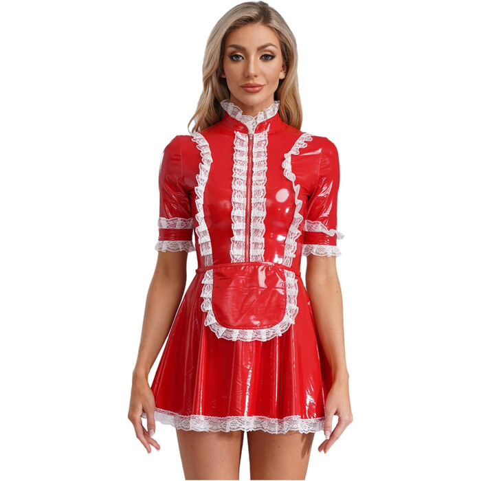 Костюм горничної MSemis: сексуальний набір нижньої білизни з ефектом мокрого блиску, готичний стиль, французький, косплей (XL, червоний)