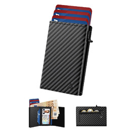 Чоловічий шкіряний картхолдер dwnkove Slim Wallet: смарт-гаманець з Pop-Up механізмом, RFID захистом, відділенням для монет та вікном для ID, Carbon Design