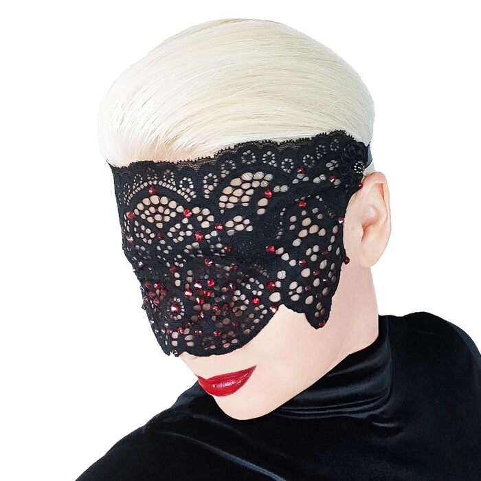 Чорна мереживна маска для жінок з чорними стразами, елегантна маска на половину обличчя, маска для маскараду та карнавалу, мереживна маска для вечірки з гумкою (Чорний (червоні стрази))